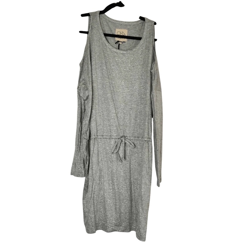 NWT CHASER Grey Sparkle Knit Drawstring Waist Dress Cold Shoulder Women's SMALL
